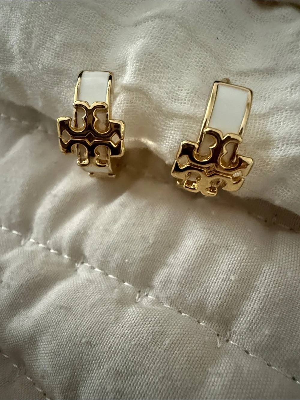 Tory Burch Gold and Cream Logo Hoop Earrings
